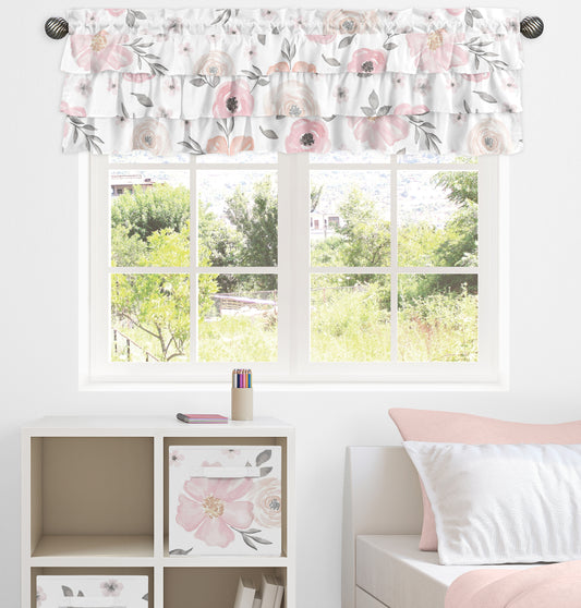 Watercolor Floral Pink and Grey Collection Tiered Window Valance