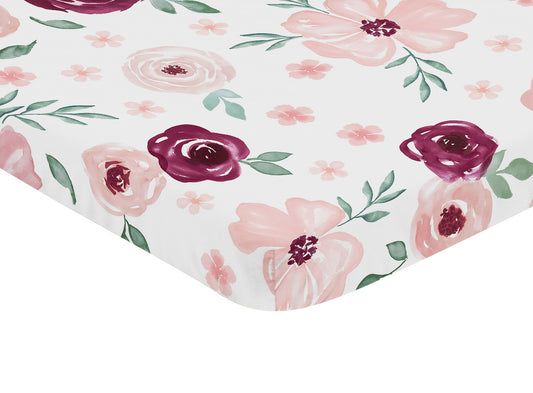 Watercolor Floral Burgundy Wine and Pink Collection Mini Crib Sheet