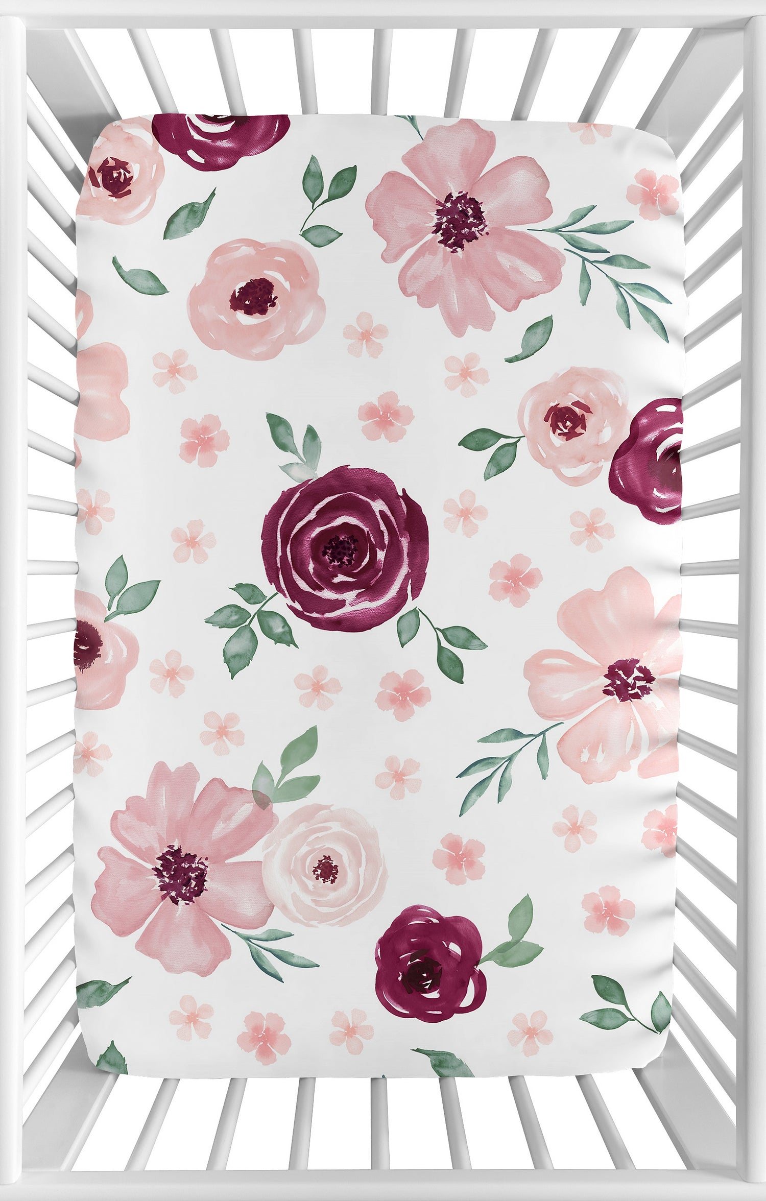 Watercolor Floral Burgundy Wine and Pink Collection Mini Crib Sheet