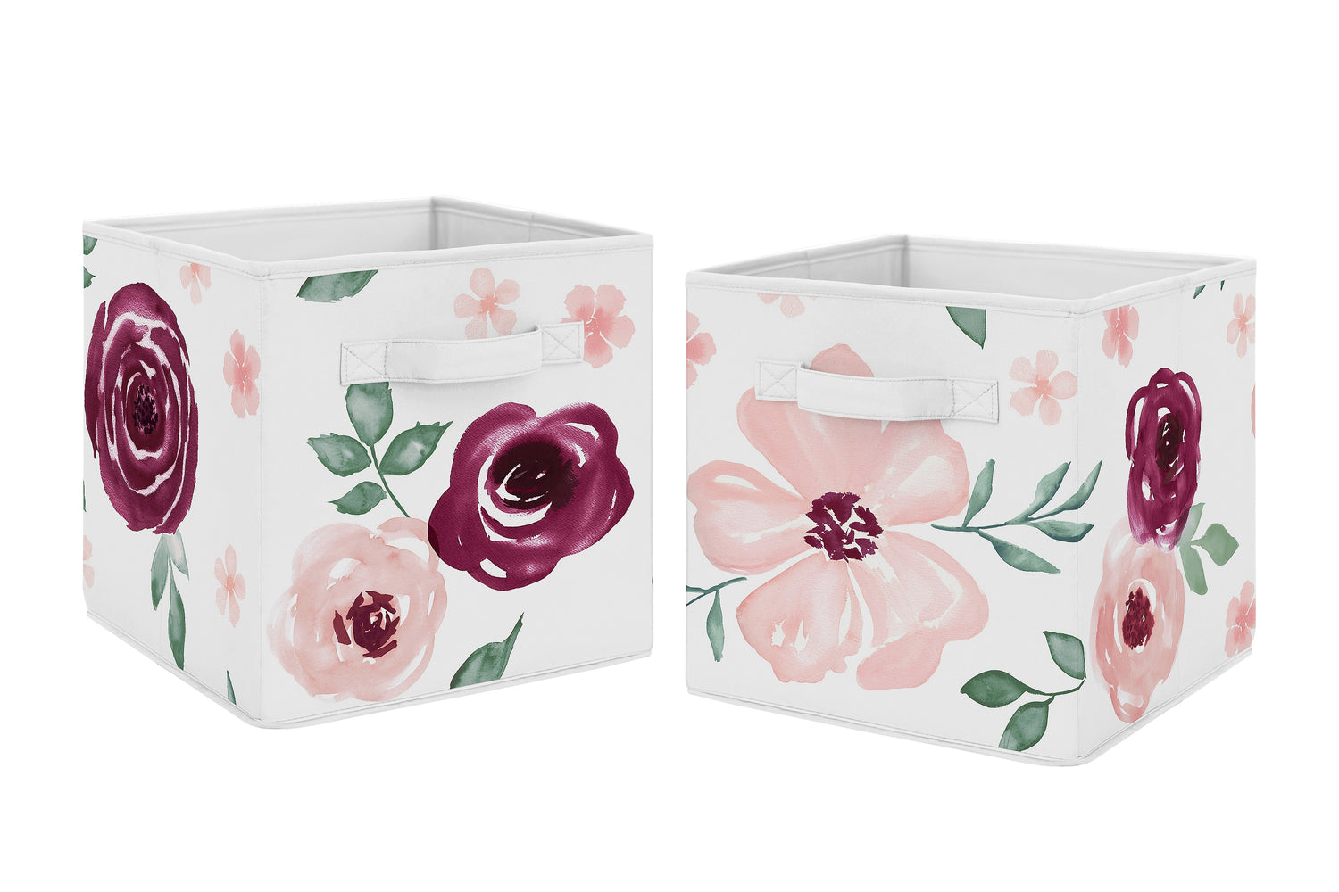 Watercolor Floral Burgundy Wine and Pink Collection Foldable Fabric Storage Bins