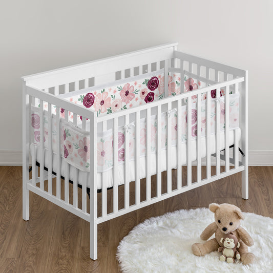 Watercolor Floral Burgundy Wine and Pink Collection Sweet Jojo Designs + BreathableBaby Breathable Mesh Crib Liner