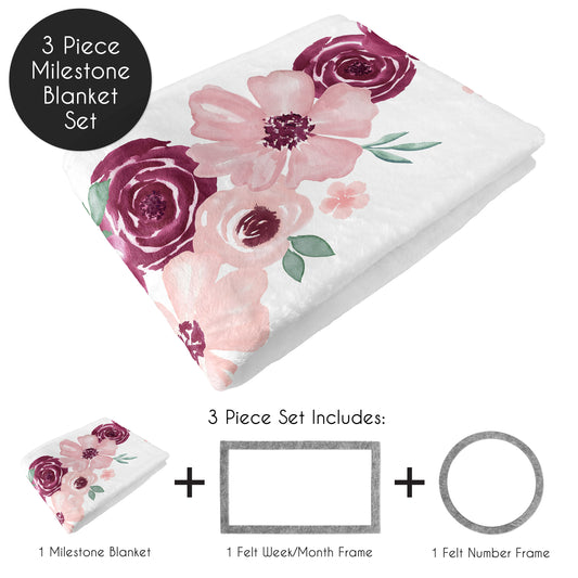Watercolor Floral Burgundy Wine and Pink Collection Monthly Milestone Baby Blanket