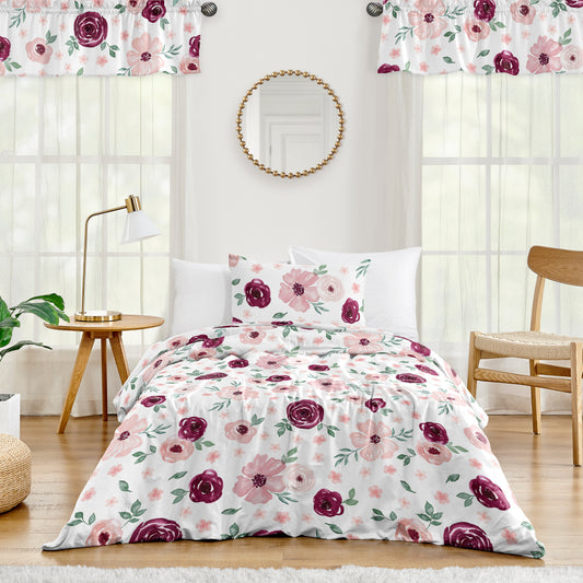 Watercolor Floral Burgundy Wine and Pink Collection Twin Bedding