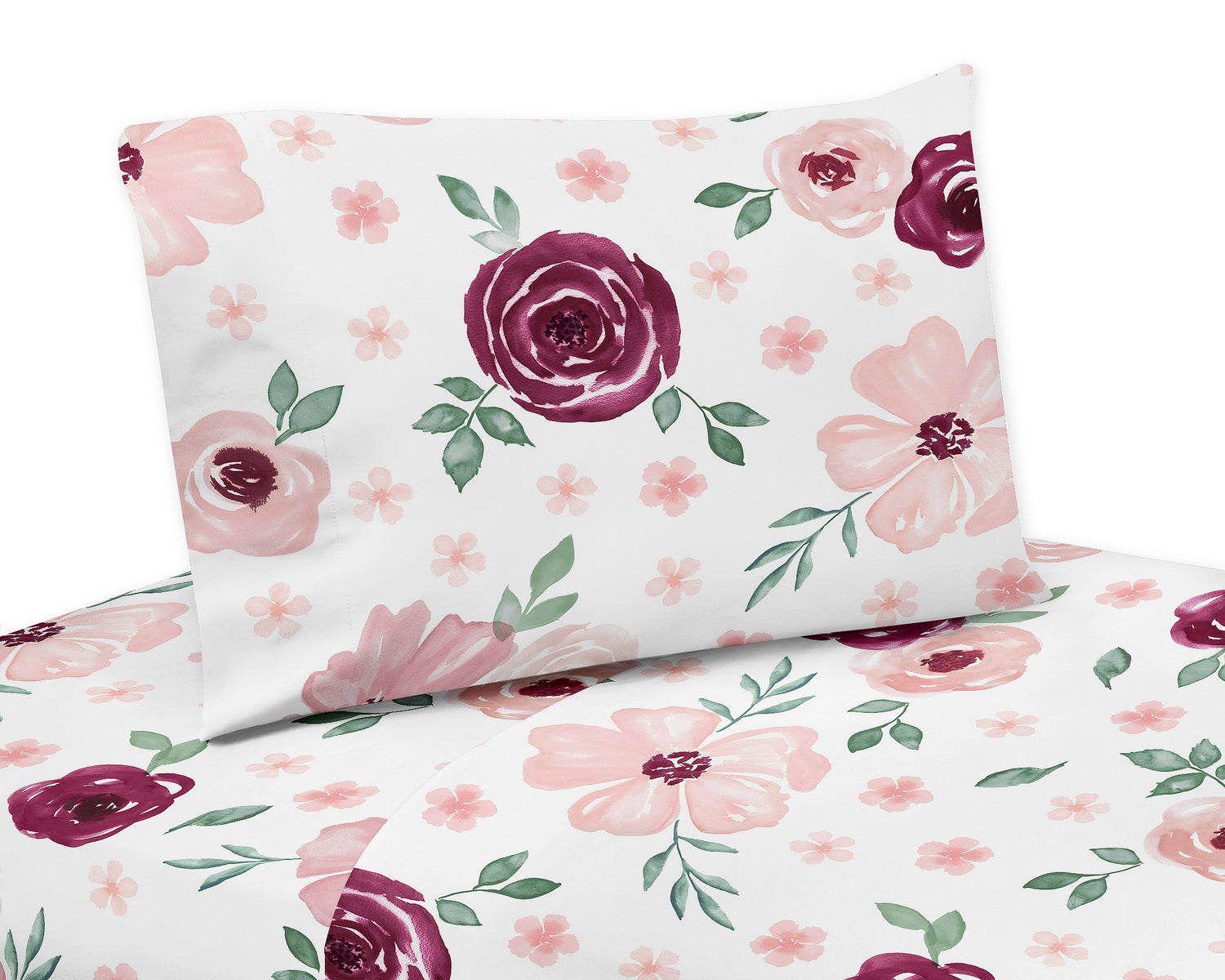 Watercolor Floral Burgundy Wine and Pink Collection Twin Sheet Set