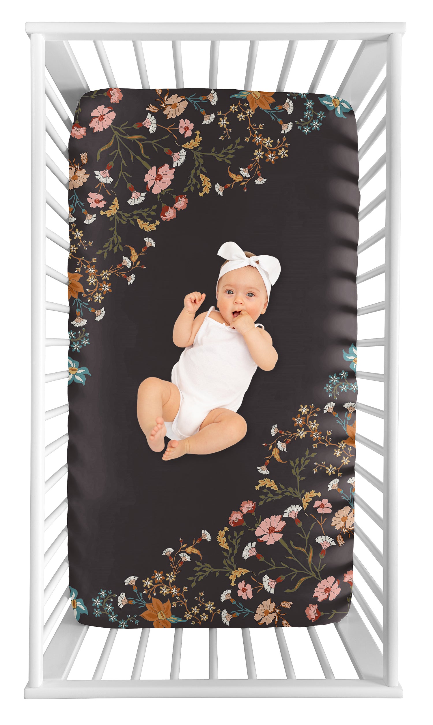 Boho Floral Wildflower Black and Orange Collection Photo Op Crib Sheet