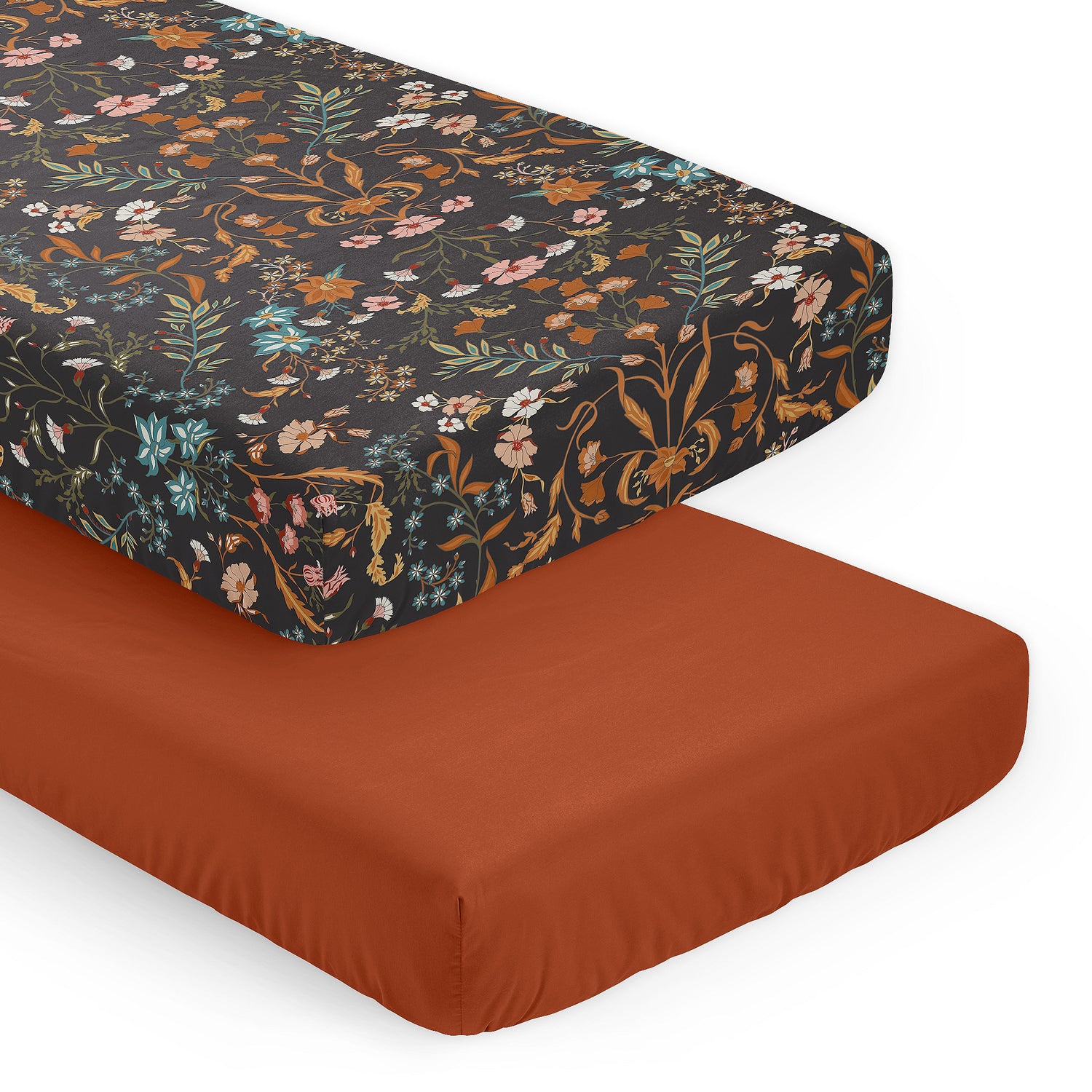 Boho Floral Wildflower Black and Orange Collection 2 Pack Crib Sheets