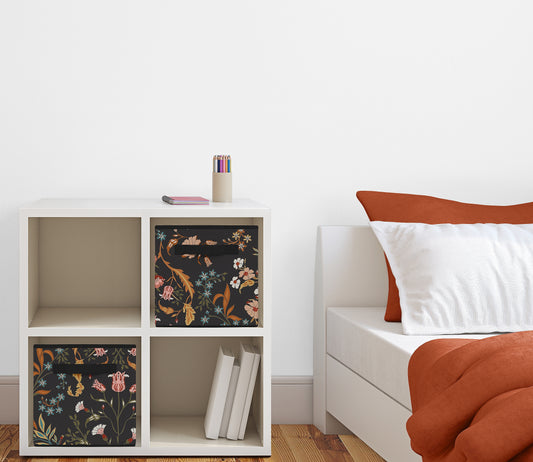 Boho Floral Wildflower Black and Orange Collection Foldable Fabric Storage Bins