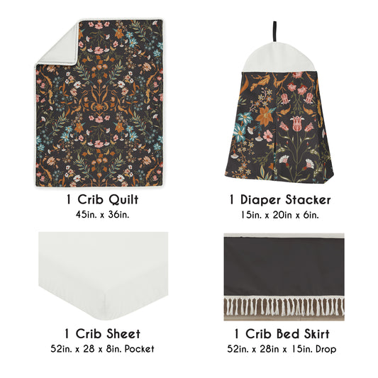 Boho Floral Wildflower Black and Orange Collection 4 Piece Crib Bedding