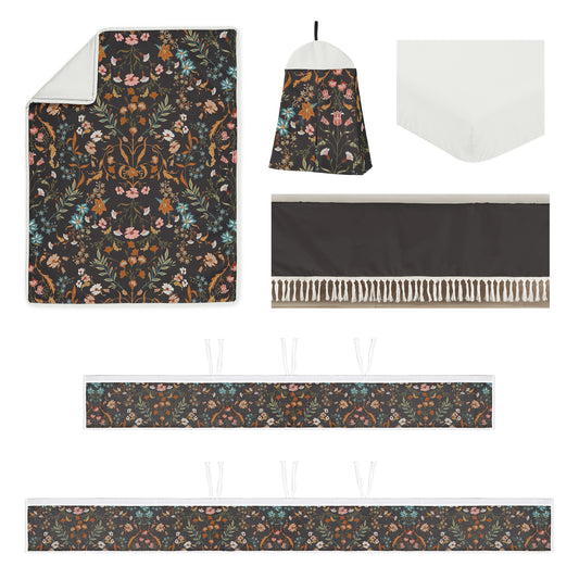 Boho Floral Wildflower Black and Orange Collection Sweet Jojo Designs 6 Piece Crib Bedding + BreathableBaby Breathable Mesh Liner