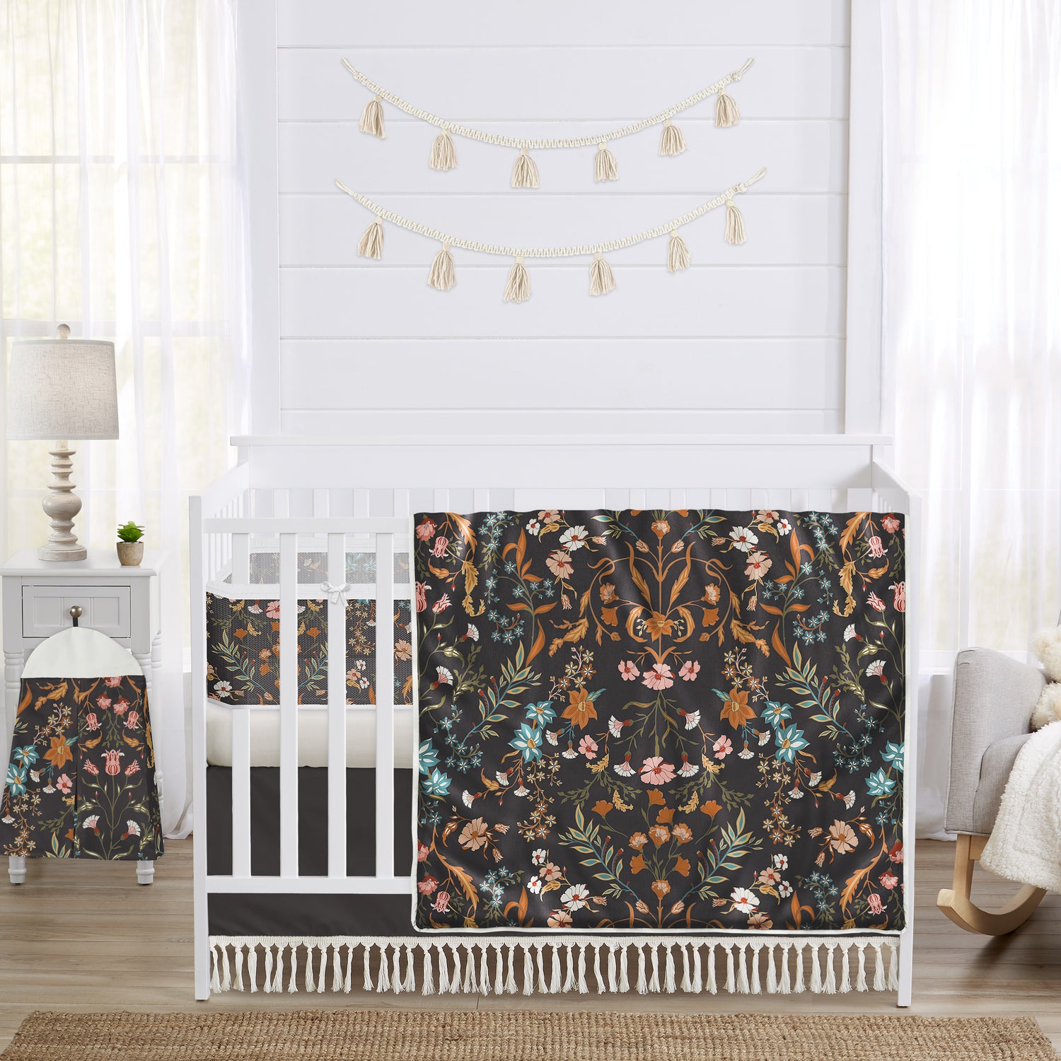 Boho Floral Wildflower Black and Orange Collection Sweet Jojo Designs 6 Piece Crib Bedding + BreathableBaby Breathable Mesh Liner