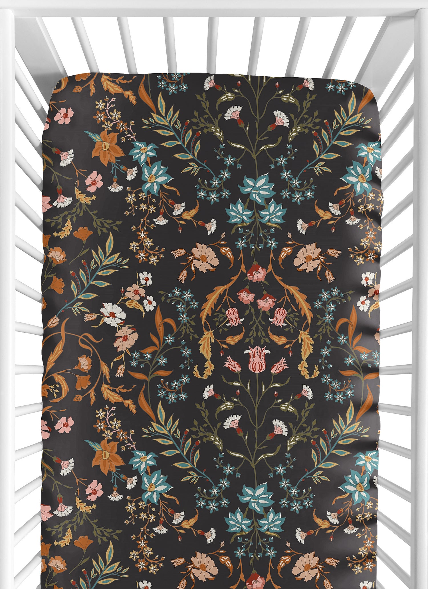 Boho Floral Wildflower Black and Orange Crib Sheet