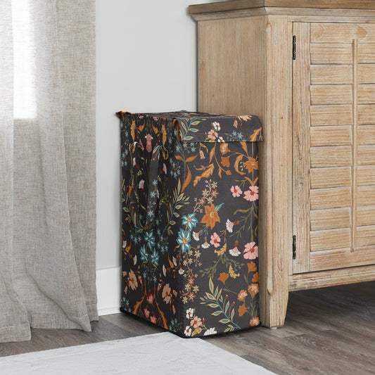 Boho Floral Wildflower Black and Orange Collection Laundry Hamper with Handles