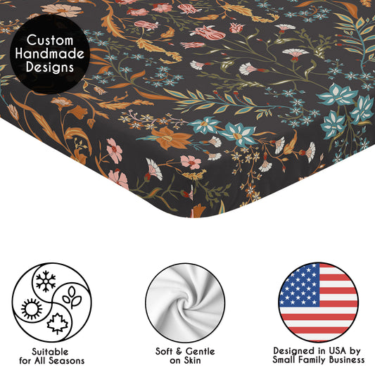 Boho Floral Wildflower Black and Orange Collection Mini Crib Sheet