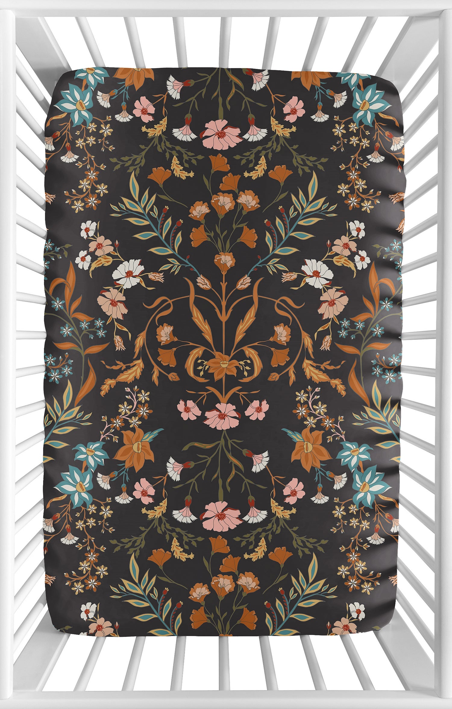Boho Floral Wildflower Black and Orange Collection Mini Crib Sheet