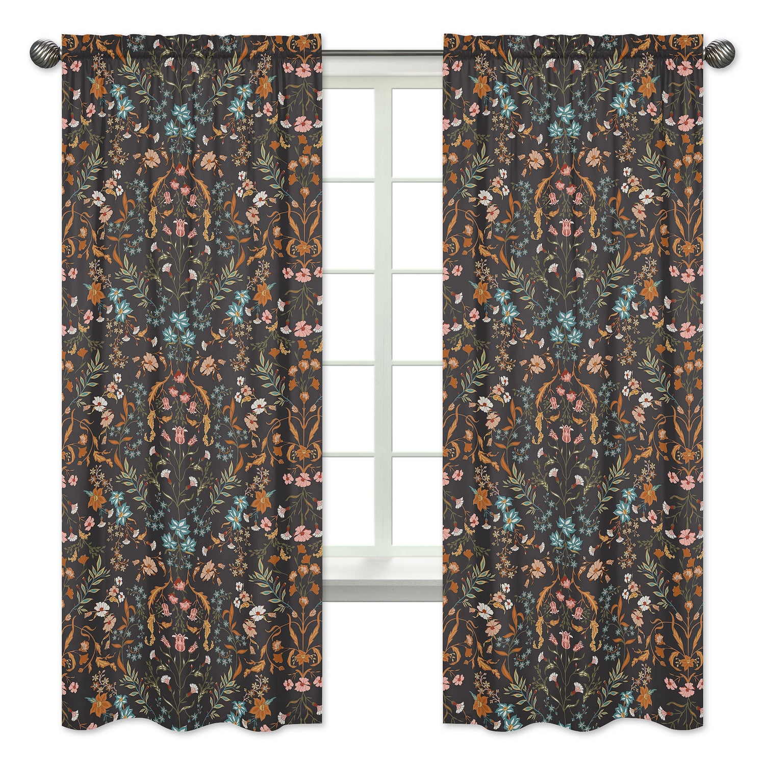 Boho Floral Wildflower Black and Orange Collection Window Panels - Set of 2