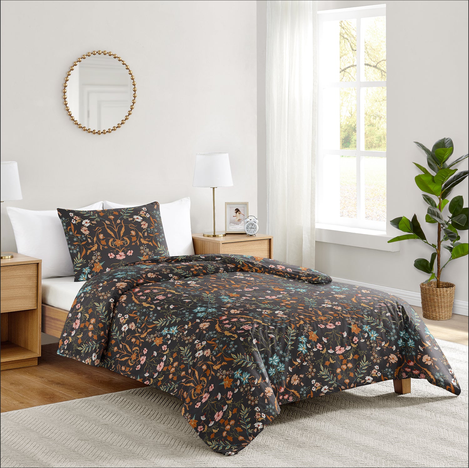 Boho Floral Wildflower Black and Orange Collection Twin Bedding