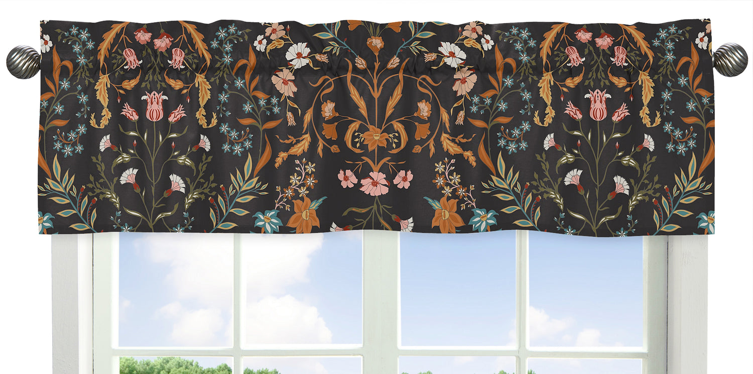 Boho Floral Wildflower Black and Orange Collection Window Valance