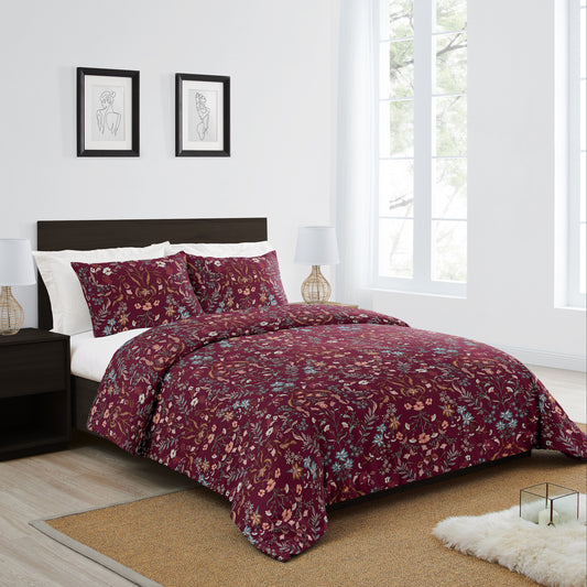 Boho Floral Wildflower Burgundy Red and Orange Collection Queen Duvet Cover Bedding Set