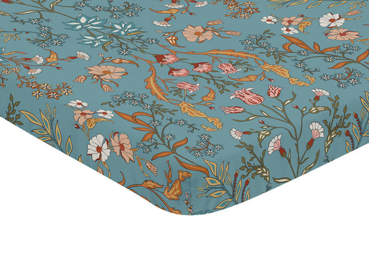 Boho Floral Wildflower Blue and Orange Collection Mini Crib Sheet