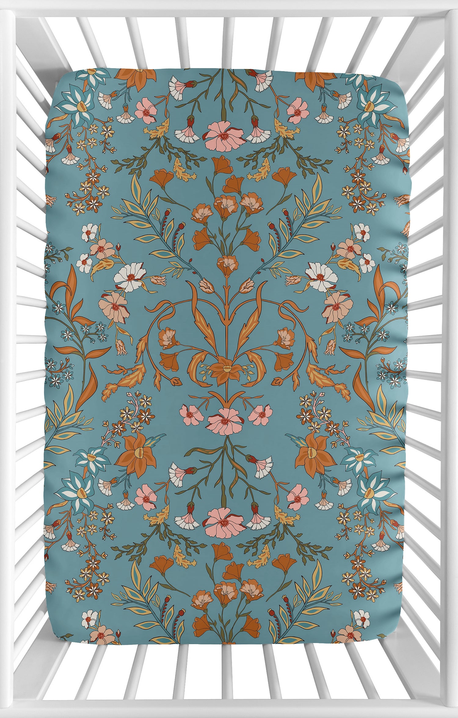 Boho Floral Wildflower Blue and Orange Collection Mini Crib Sheet