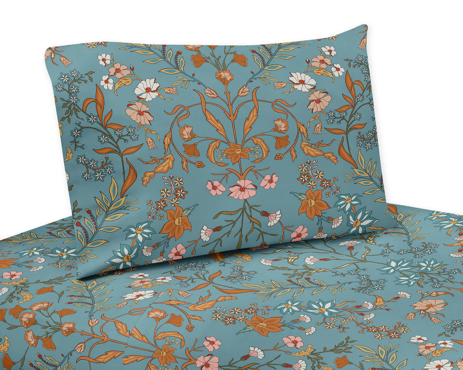 Boho Floral Wildflower Blue and Orange Collection Queen Sheet Set