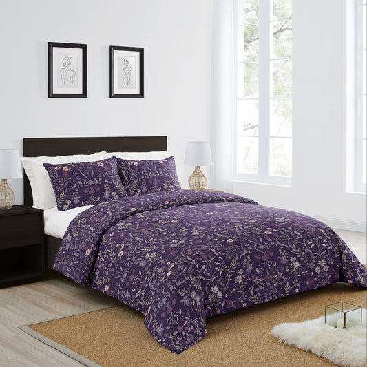 Boho Floral Wildflower Plum Purple Collection Queen Duvet Cover Bedding Set