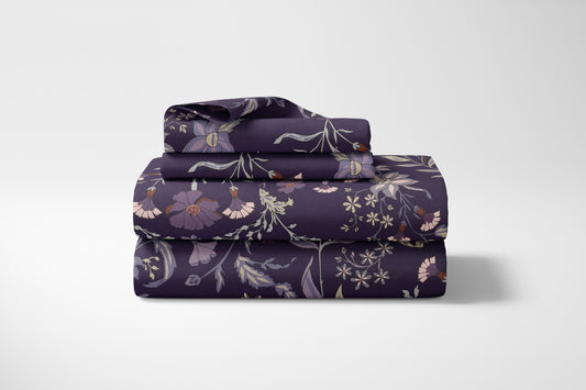 Boho Floral Wildflower Plum Purple Collection Queen Sheet Set