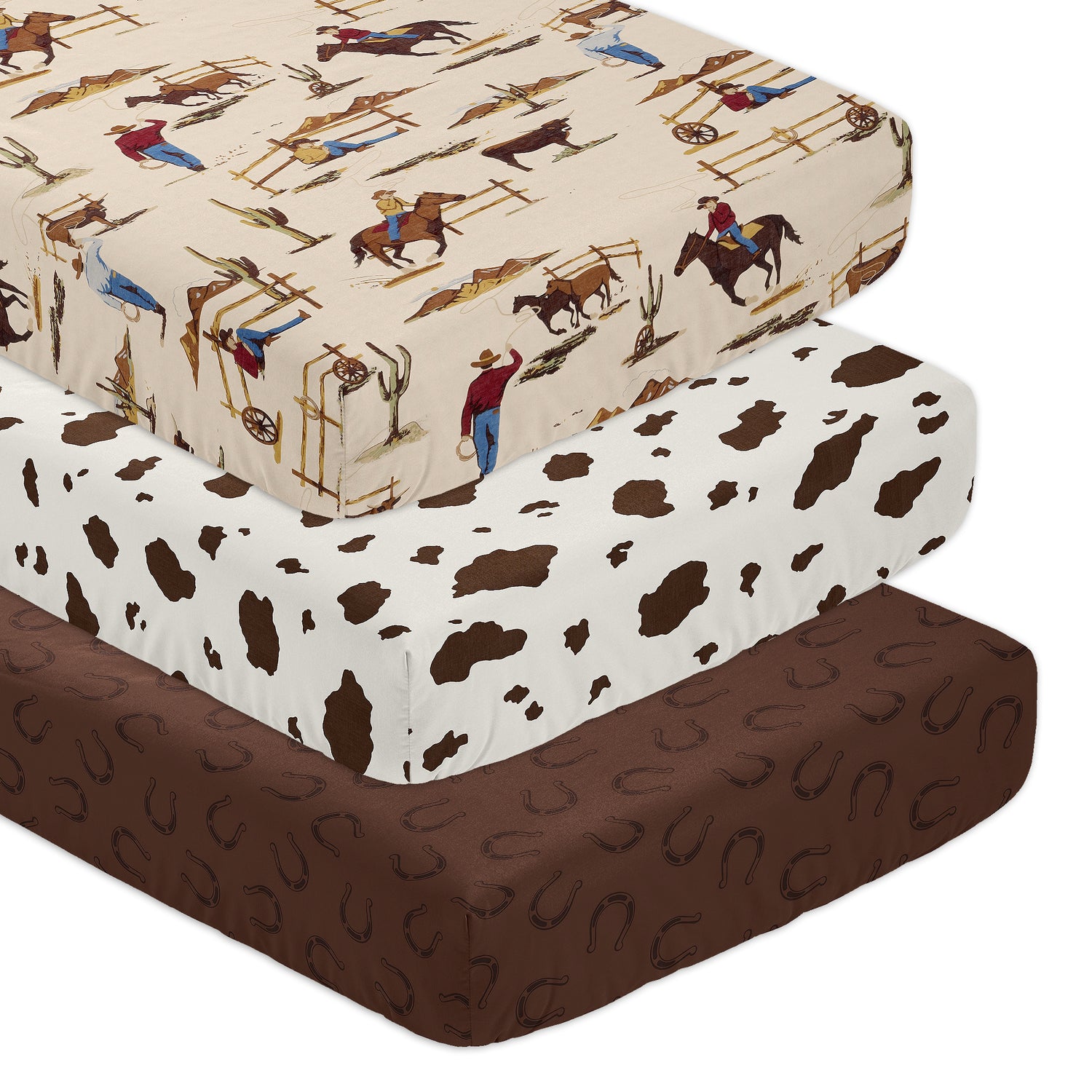Wild West Cowboy Collection 3 Pack Crib Sheets - Horseshoe Print