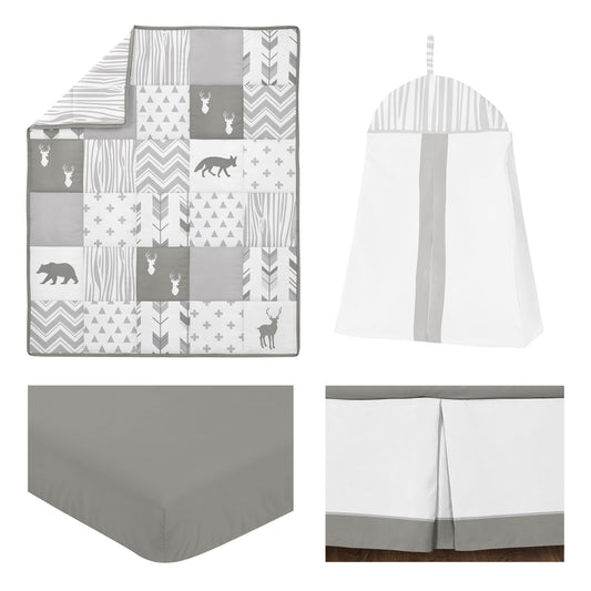 Woodsy Grey And White 4 Piece Bumperless Crib Bedding Collection