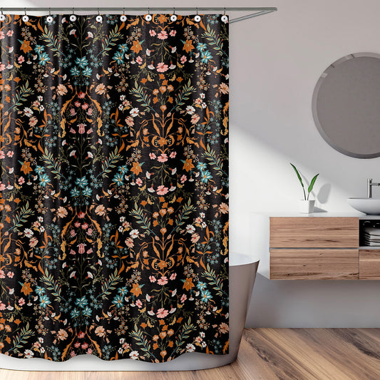 Boho Floral Wildflower Black and Orange Collection Shower Curtain
