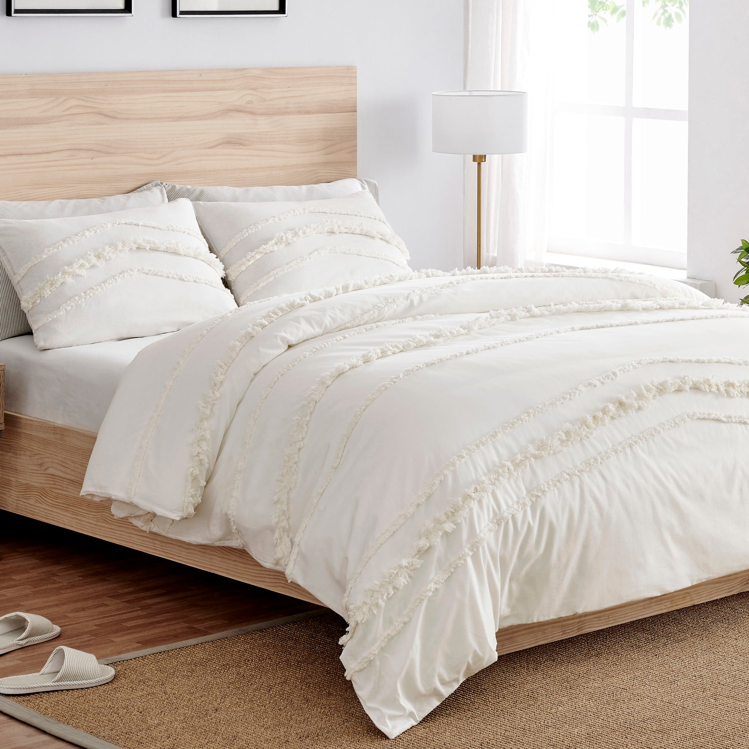 Boho Fringe Collection Tufted Ivory Queen Duvet Cover Bedding Set