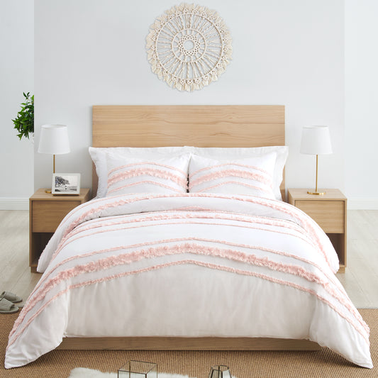 Boho Fringe White and Pink Collection King Duvet Cover Bedding Set