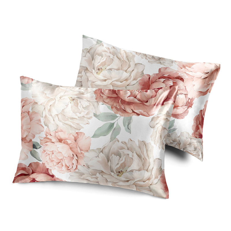 Peony Floral Garden Pink and Ivory Collection Decorative Satin Pillowcases - 2 Pack Set