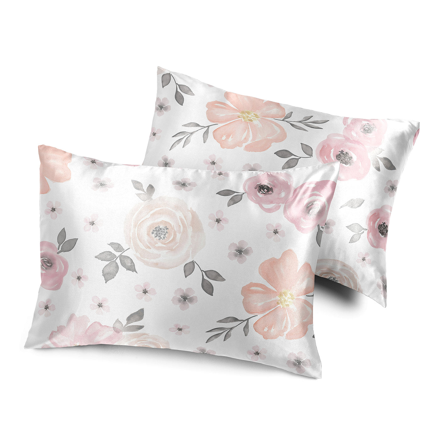Watercolor Floral Pink and Grey Collection Decorative Satin Pillowcases - 2 Pack Set