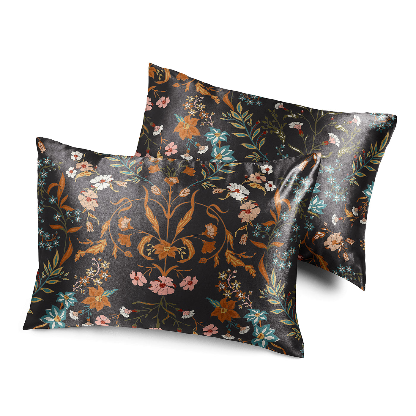Boho Floral Wildflower Black and Orange Collection Decorative Satin Pillowcases - 2 Pack Set