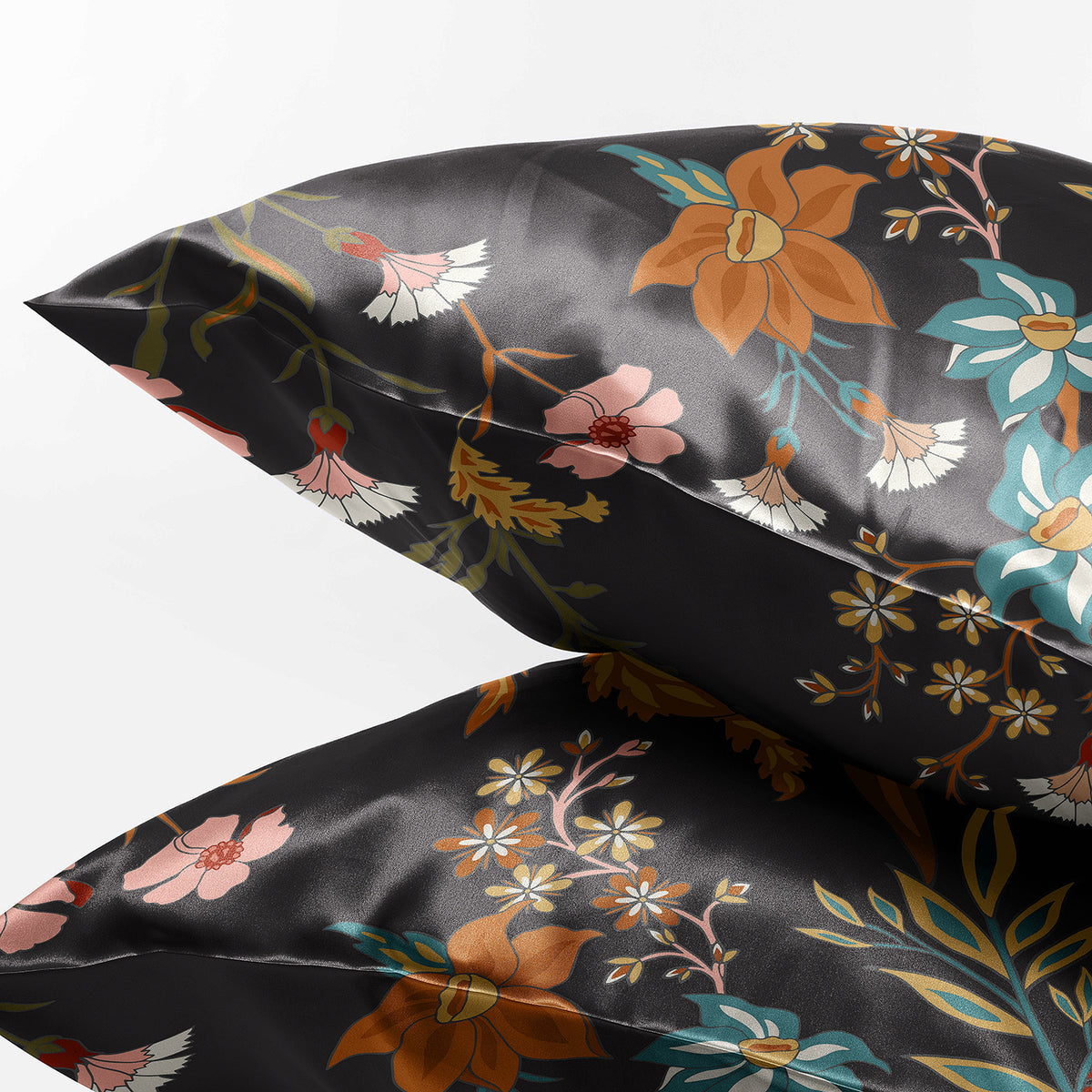 Boho Floral Wildflower Black and Orange Collection Decorative Satin Pillowcases - 2 Pack Set