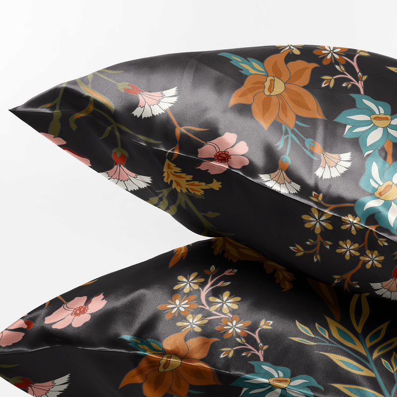 Boho Floral Wildflower Black and Orange Collection Decorative Satin Pillowcases - 2 Pack Set