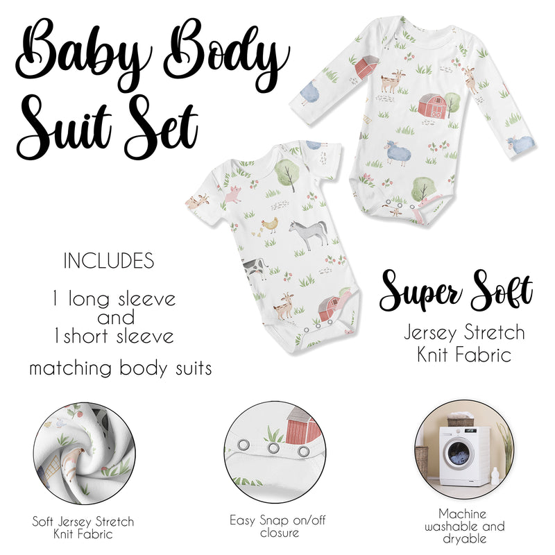 Farm Animals Collection 6-12M Baby Clothes Bodysuits - 2 Pack Set