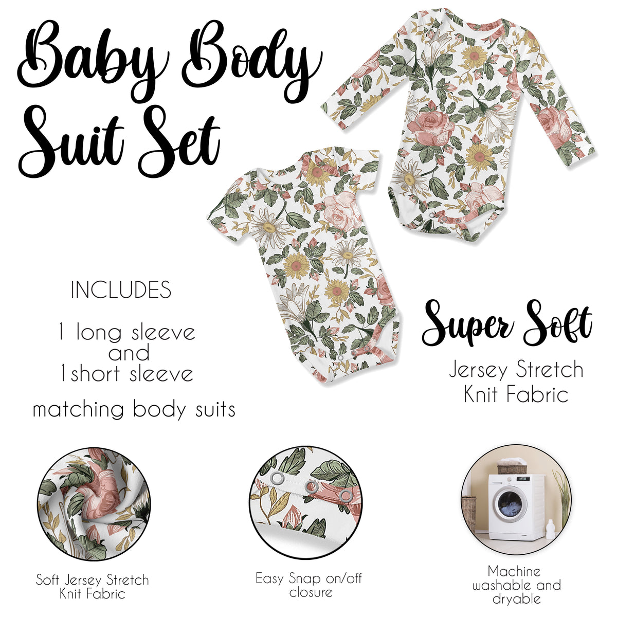 Vintage Floral Collection 0-6M Baby Clothes Bodysuits - 2 Pack Set