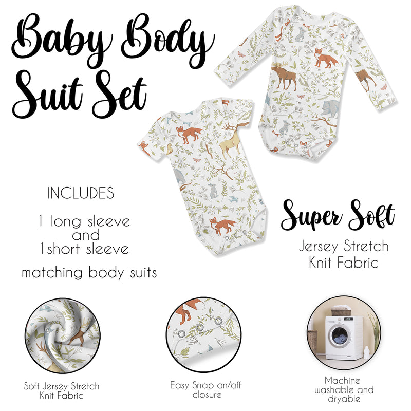 Woodland Toile Collection 0-6M Baby Clothes Bodysuits - 2 Pack Set