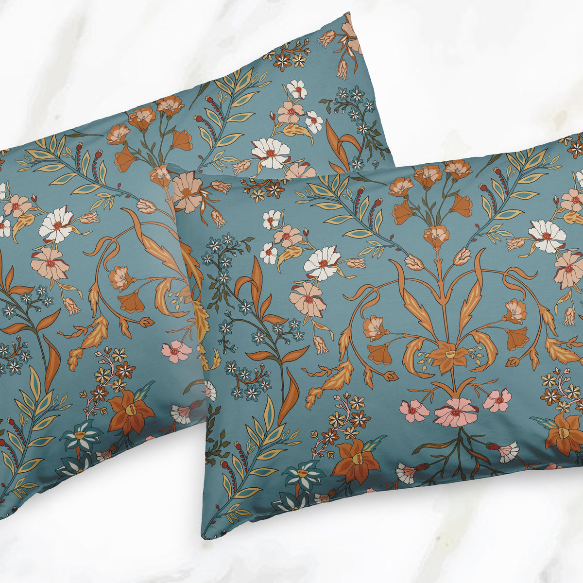 Boho Floral Wildflower Blue and Orange Collection King Duvet Cover Bedding Set