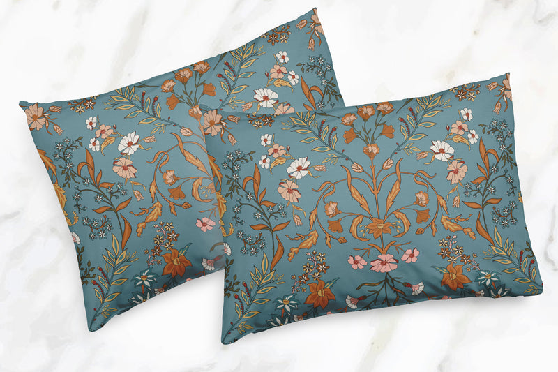 Boho Floral Wildflower Blue and Orange Collection King Duvet Cover Bedding Set