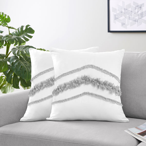 Boho Fringe White and Grey Collection Decorative Accent Throw Pillow Covers - Set of 2