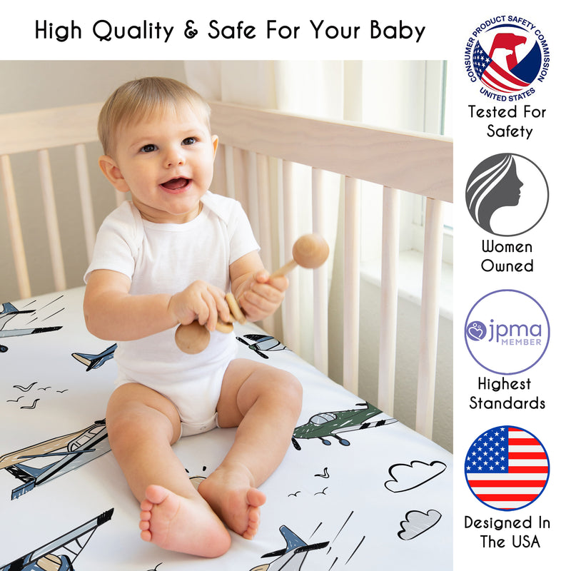 Airplane Green and Blue Collection Mini Crib Sheet