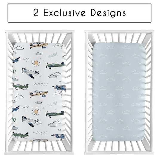 Airplane Green and Blue Collection 2 Pack Crib Sheets