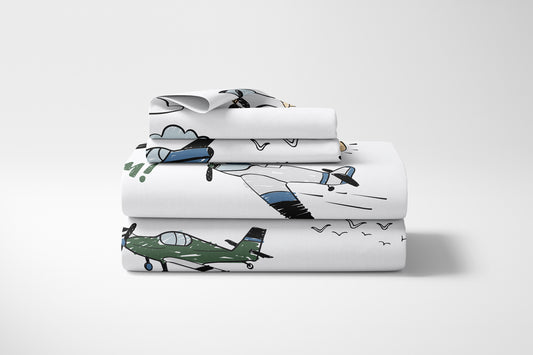 Airplane Green and Blue Collection Queen Sheet Set