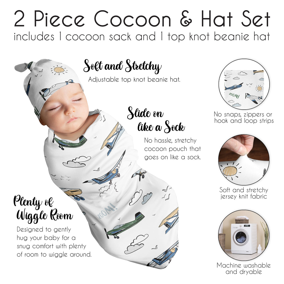 Airplane Green and Blue Collection Baby Cocoon and Beanie Hat - 2 Piece Set