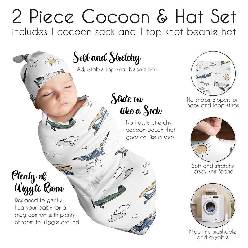 Airplane Green and Blue Collection Baby Cocoon and Beanie Hat - 2 Piece Set