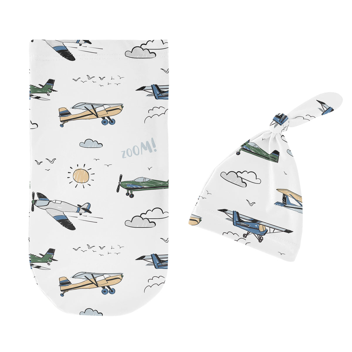 Airplane Green and Blue Collection Baby Cocoon and Beanie Hat - 2 Piece Set
