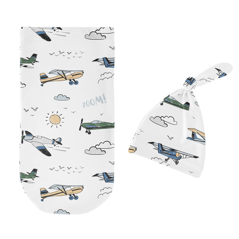 Airplane Green and Blue Collection Baby Cocoon and Beanie Hat - 2 Piece Set